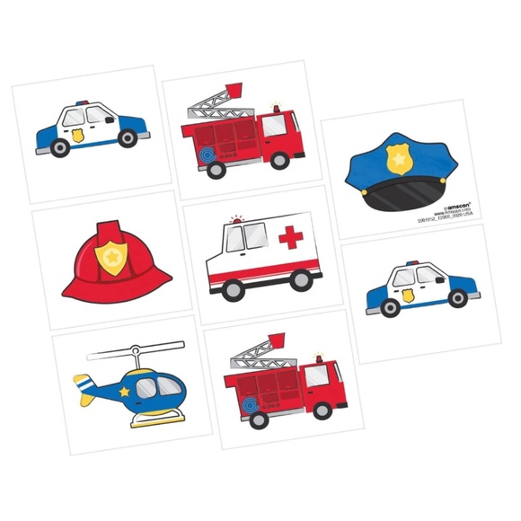 8 pcs Fireman Truck Helicopter Police Car Ambulance Temporary Tattoos - Picture 2 of 4